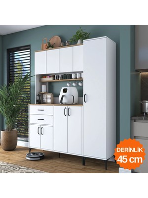 Rani JE263 Çok Amaçlı Dolap 9 Kapaklı Çekmeceli Raflı Kiler Mutfak Dolabı Beyaz - Sepet Ceviz