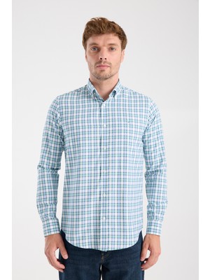 Aclub AC10083 Oxford Pamuk Karışımlı Slim Fit Yeşil Düğmeli Yaka Erkek Kareli Gömlek