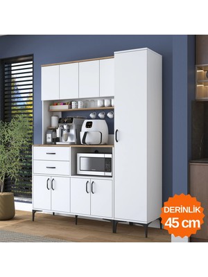 Rani JE269 Çok Amaçlı Dolap 9 Kapaklı Çekmeceli Raflı Kiler Mutfak Dolabı Beyaz - Sepet Ceviz
