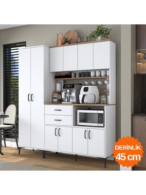 Rani JE270 Çok Amaçlı Dolap 10 Kapaklı Raflı Çekmeceli Kiler Mutfak Dolabı Beyaz - Sepet Ceviz