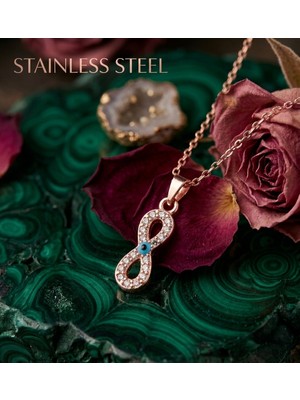 Stainless Steel Rose Renk Zincirli Sonsuzluk Tasarım Nazarlı Turkuaz Zirkon Taşlı Çelik Kolye