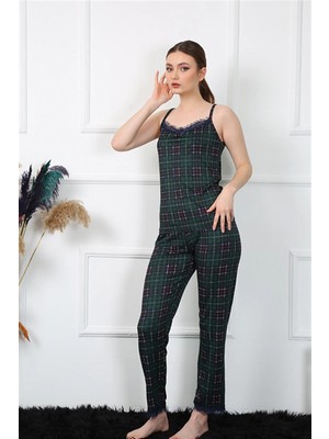 Marsilyan™-  Kadın Ip Askılı Yeşil Ekoseli Pijama Takım 4135