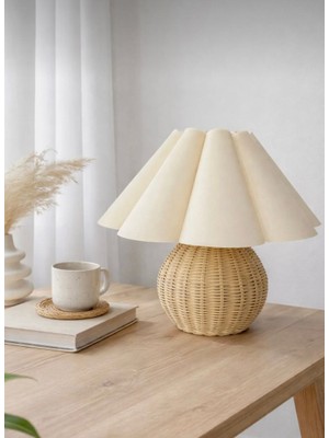 Burenze Modern Abajur Fico Krem Kumaş Hasır Rattan Bambu Gövde Masa Lambası