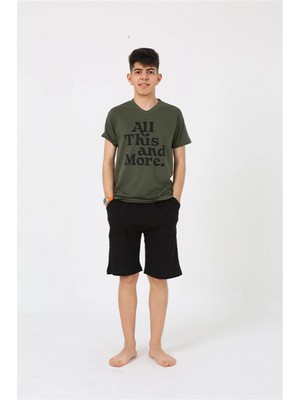 Marsilyan™-  Erkek Genç Garson Boy Kısa Kol Haki Penye Şortlu Pijama Takımı 20377