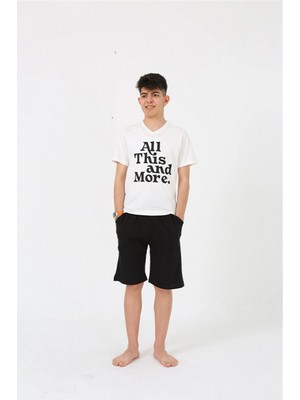 Marsilyan™-  Erkek Genç Garson Boy Kısa Kol Ekru Penye Şortlu Pijama Takımı 20377