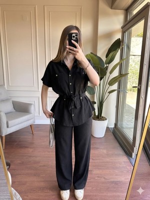 Alyalis Butik Gold Düğme Detaylı Keten Takım - Siyah
