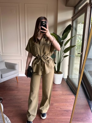 Alyalis Butik Gold Düğme Detaylı Keten Takım - Haki