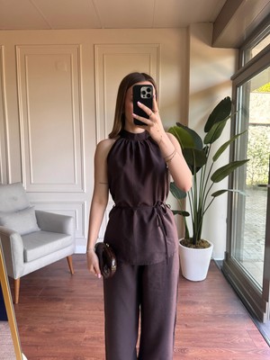 Alyalis Butik Halter Yaka Tensel Takım - Kahverengi