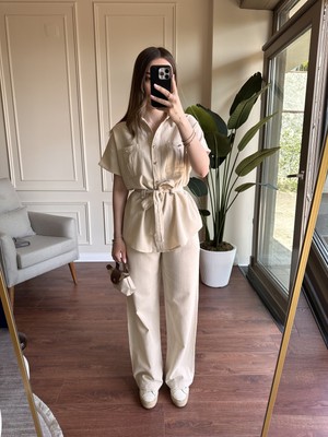 Alyalis Butik Gold Düğme Detaylı Keten Takım - Taş