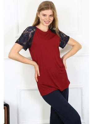 Marsilyan™-  Kadın Kolu Dantelli Penye Pijama Takım 4149