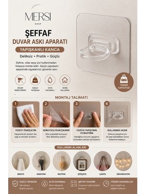 Mersi Shop Şeffaf Duvar Askı Aparatı – Yapışkanlı Kanca | Deliksiz Pratik Montaj Askı