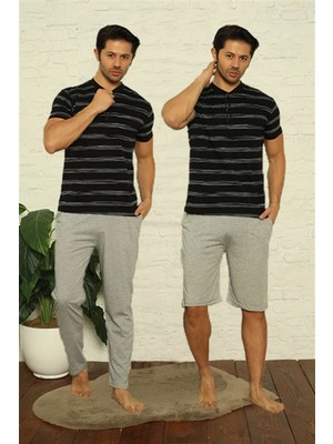 Marsilyan™-  Erkek Siyah 3'lü Pijama Takım 6823