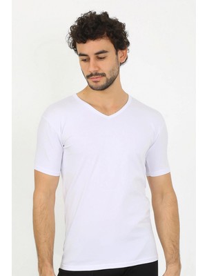 Marsilyan™-  Erkek Likralı V Yaka Beyaz T-Shirt 65700