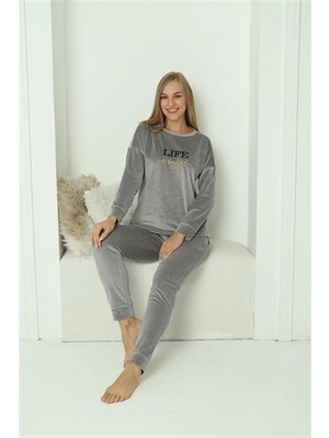 Marsilyan™-  Kadın Kadife Gri Pijama Takım 20624