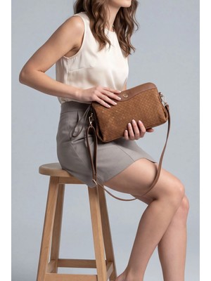 Marjin Kadın Fermuarlı İç Cepli Clutch Çapraz Askılı El ve Omuz Çantası Faris Taba