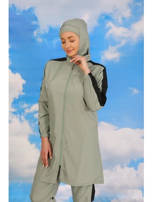 Marsilyan™-  Kadın Pantolonlu Kolu Şeritli Tam Tesettür Mayo Su Yeşili 31065
