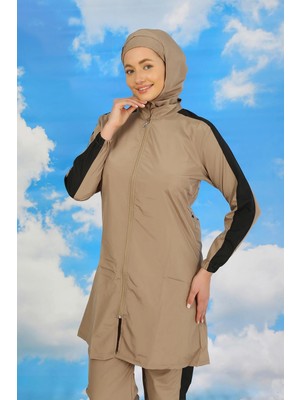 Marsilyan™-  Kadın Pantolonlu Kolu Şeritli Tam Tesettür Mayo Bej 31066