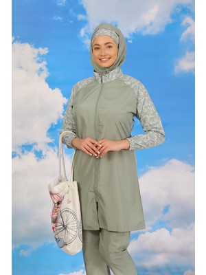 Marsilyan™-  Kadın Pantolonlu Desenli Tam Tesettür Mayo Su Yeşili 31072