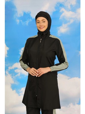 Marsilyan™-  Kadın Pantolonlu Kolu Şeritli Tam Tesettür Mayo Siyah 31066
