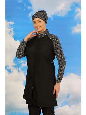 Marsilyan™-  Kadın Pantolonlu Desenli Tam Tesettür Mayo Siyah 31072