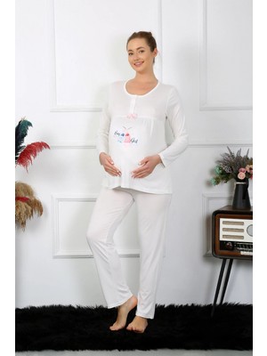 Marsilyan™-  Kadın Uzun Kol Hamile Lohusa Pijama Takımı Ekru 45501