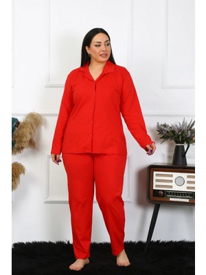 Marsilyan™-  Kadın Büyük Beden Pamuklu Cepli Düğmeli Kırmızı Pijama Takım 202401