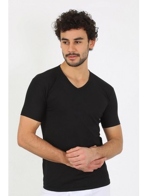 Marsilyan™-  Erkek Likralı V Yaka Siyah T-Shirt 65700