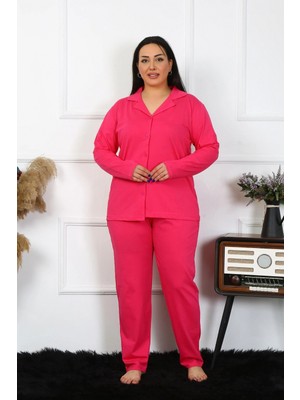 Marsilyan™-  Kadın Büyük Beden Pamuklu Cepli Düğmeli Fuşya Pijama Takım 202401