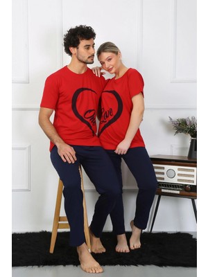 Marsilyan™-  Kadın Pamuk Penye Sevgili Kombini Pijama Takımı Kırmızı 50128 Tek Takım Fiyatıdır