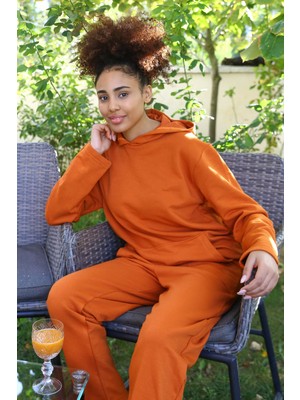 Marsilyan™-  Kadın Pamuk Kapşonlu Cepli 3 Iplik Kiremit Eşofman Takım 9037