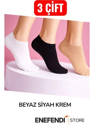 NF ND ENEFENDİ 3 Çift Babet Çorap Görünmez Spor Yoga Pilates Kaymaz Silikon Taban 36-40 Siyah Beyaz Krem Dikişsiz