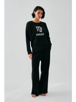 Marsilyan™-  Kadın Siyah Başak Burcu Oversize 2 Iplik Eşofman Ev Giyim Takımı