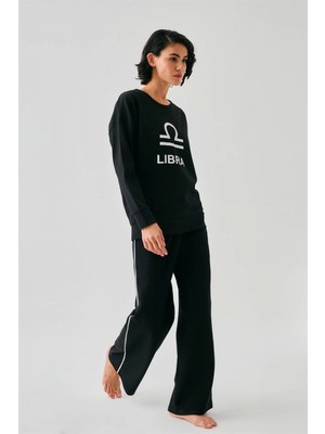 Marsilyan™-  Kadın Siyah Terazi Burcu Oversize 2 Iplik Eşofman Ev Giyim Takımı