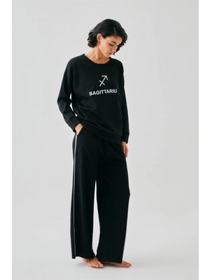 Marsilyan™-  Kadın Siyah Yay Burcu Oversize 2 Iplik Eşofman Ev Giyim Takımı