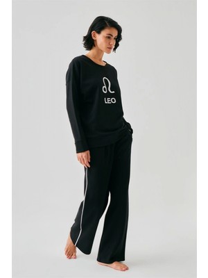 Marsilyan™-  Kadın Siyah Aslan Burcu Oversize 2 Iplik Eşofman Ev Giyim Takımı