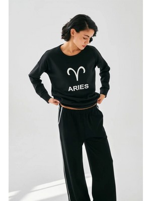 Marsilyan™-  Kadın Siyah Koç Burcu Oversize 2 Iplik Eşofman Ev Giyim Takımı