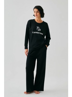 Marsilyan™-  Kadın Siyah Oğlak Burcu Oversize 2 Iplik Eşofman Ev Giyim Takımı