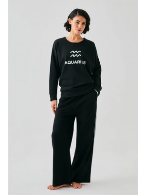 Marsilyan™-  Kadın Siyah Kova Burcu Oversize 2 Iplik Eşofman Ev Giyim Takımı