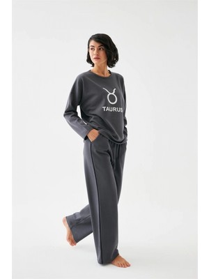 Marsilyan™-  Kadın Füme Boğa Burcu Oversize 2 Iplik Eşofman Ev Giyim Takımı