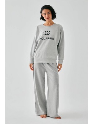 Marsilyan™-  Kadın Gri Kova Burcu Oversize 2 Iplik Eşofman Ev Giyim Takımı
