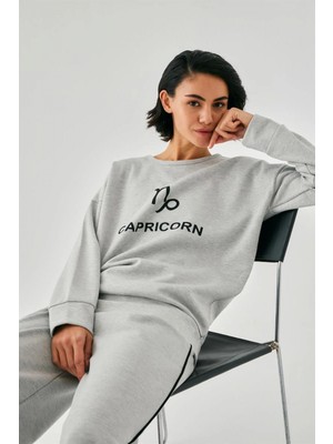 Marsilyan™-  Kadın Gri Oğlak Burcu Oversize 2 Iplik Eşofman Ev Giyim Takımı