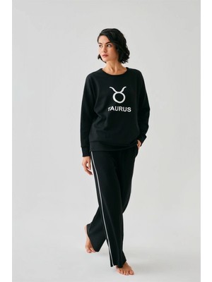 Marsilyan™-  Kadın Siyah Boğa Burcu Oversize 2 Iplik Eşofman Ev Giyim Takımı