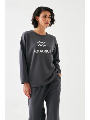 Marsilyan™-  Kadın Füme Kova Burcu Oversize 2 Iplik Eşofman Ev Giyim Takımı