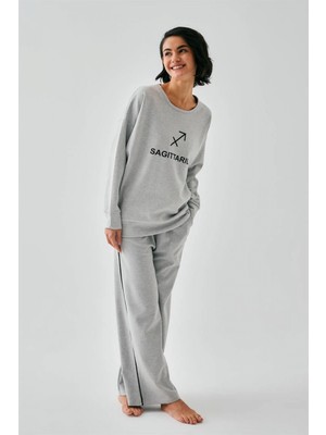 Marsilyan™-  Kadın Gri Yay Burcu Oversize 2 Iplik Eşofman Ev Giyim Takımı