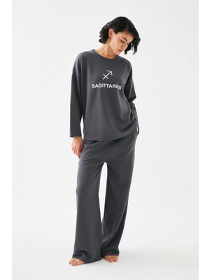 Marsilyan™-  Kadın Füme Yay Burcu Oversize 2 Iplik Eşofman Ev Giyim Takımı