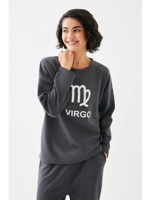 Marsilyan™-  Kadın Füme Başak Burcu Oversize 2 Iplik Eşofman Ev Giyim Takımı