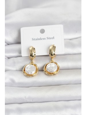 Solmazlar Online 316L Çelik Gold Renk Inci Detaylı Kadın Küpe