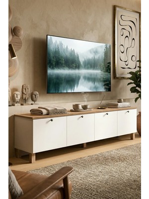 Yurudesign Nord Tv Ünitesi Sehpası 4 Kapaklı Ahşap Ayaklı 180CM Sepet-Beyaz Nd7-Sw