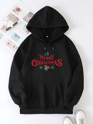 Hace Bazaar Yılbaşı Merry Christmas Baskılı Oversize Kapüşonlu Sweatshirt Hoodie - Siyah
