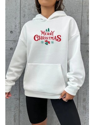Hace Bazaar Yılbaşı Merry Christmas Baskılı Oversize Kapüşonlu Sweatshirt Hoodie - Beyaz